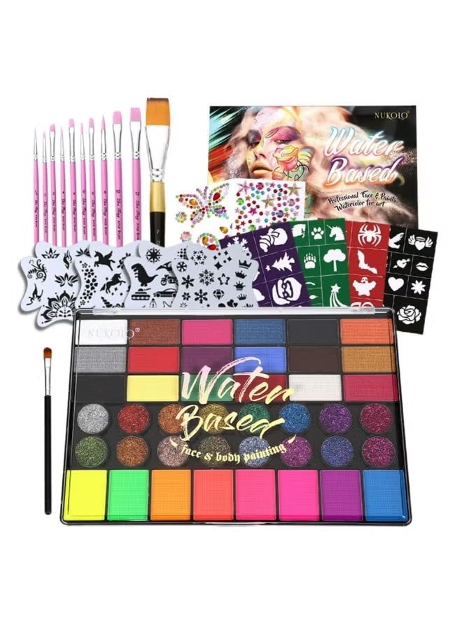 Face Painting Kit, 42 Color Aace Paint, Non Toxic Water Activated Face Paint Palette With Stencils, Brush, Gems. For Carnival, For Carnival, Halloween,Any Creative Activity for Teens & Adults - Image 1